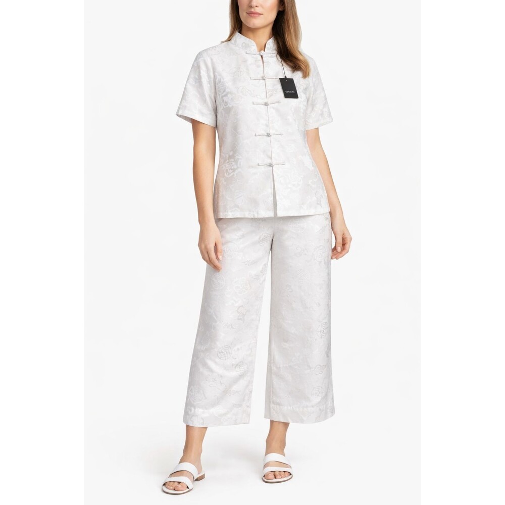 ISDA & CO Silk 2 Pc Set White Jacquard Mandarin Top Wide Leg Pants NWT Small